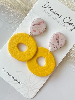 Yellow Circle Drop Earrings with Pink Bird Teardrops